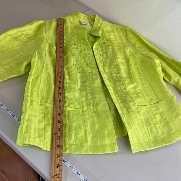Chico's Lime Green Linen Blend Crinkle Embroidered Open Jacket Women's 3 (XL/16) - Picture 13 of 15